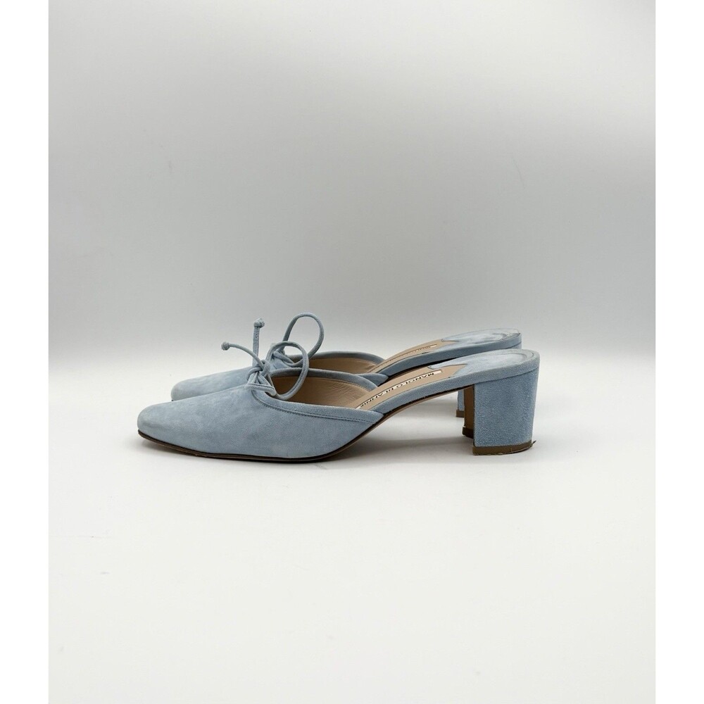 Manolo Blahnik Baby Blue Suede Mules Kitten Heels Bow Accent Size EU 37.5 - Picture 4 of 12